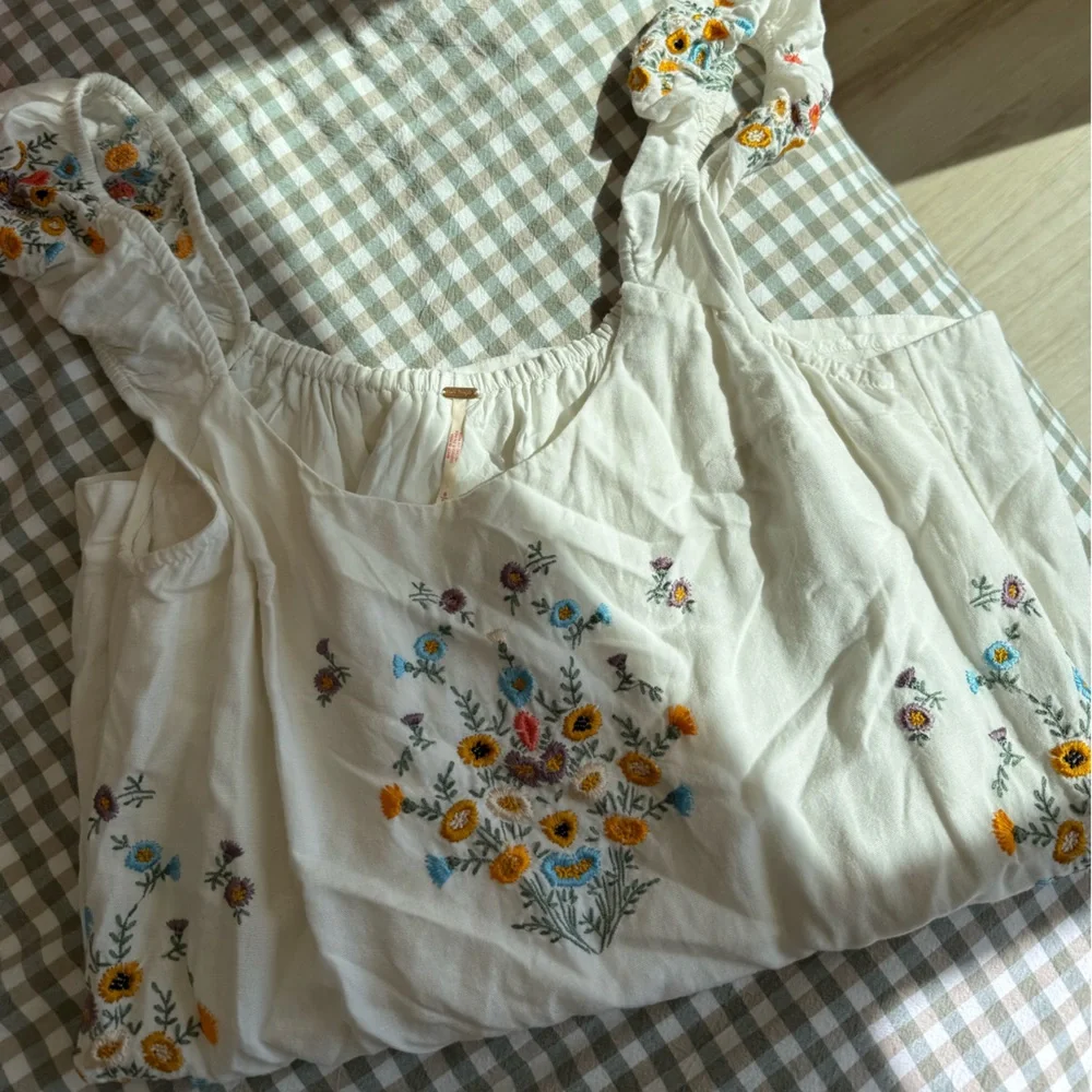 Free People White Floral Embroidered Puff Sleeve Mini Dress